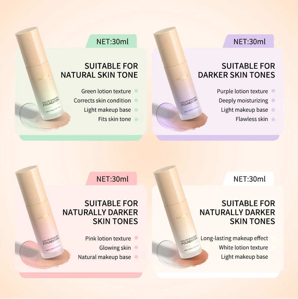 Color Changing Foundation : 4 in 1 Moisturizing SPF 30+ Hydrating ,Waterproof,Skin Tone Matching.