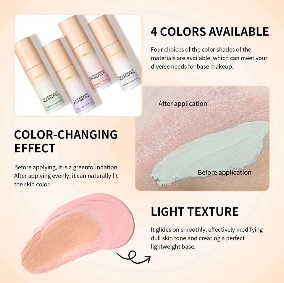 Color Changing Foundation : 4 in 1 Moisturizing SPF 30+ Hydrating ,Waterproof,Skin Tone Matching.