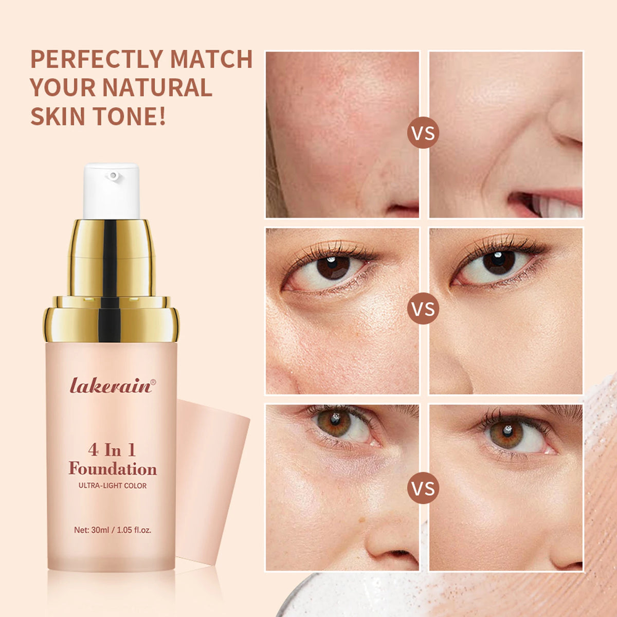 Color Changing Foundation : 4 in 1 Moisturizing SPF 30+ Hydrating ,Waterproof,Skin Tone Matching.