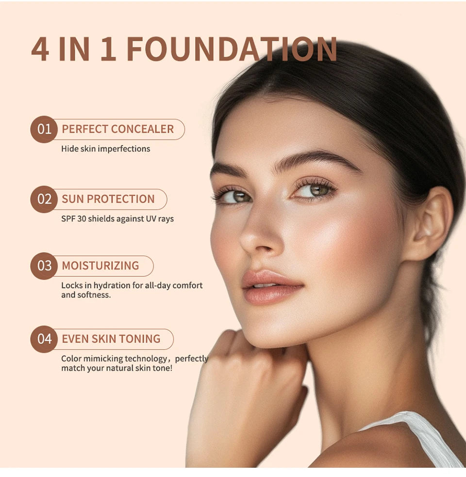Color Changing Foundation : 4 in 1 Moisturizing SPF 30+ Hydrating ,Waterproof,Skin Tone Matching.