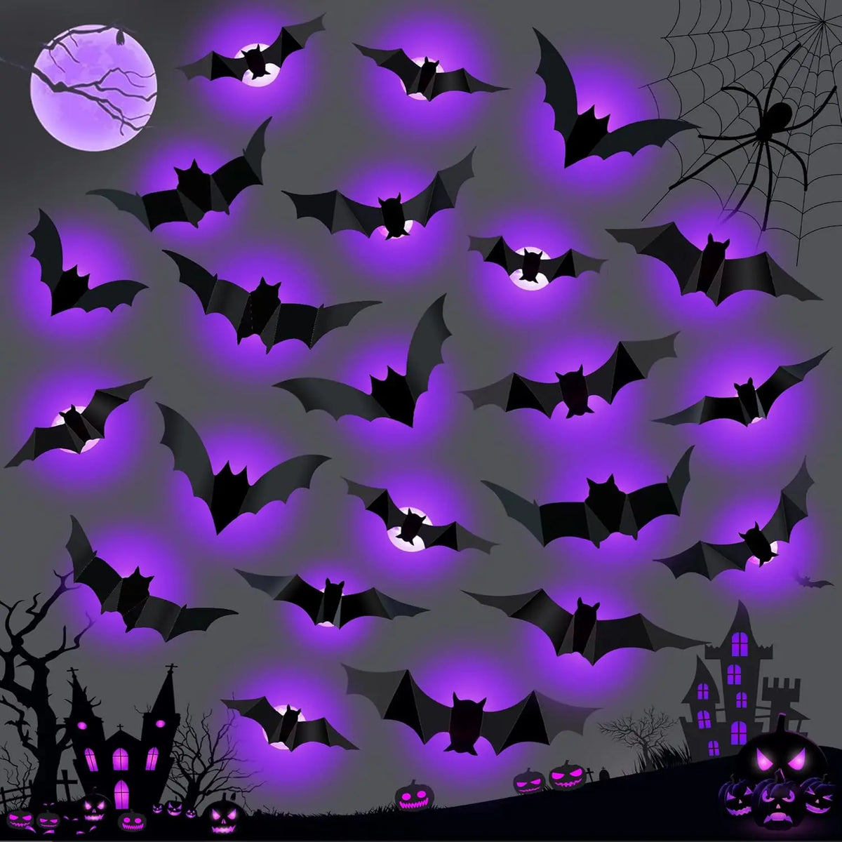 Halloween Bat/Spider: Decor Night 3D Lights Wall Sticker for Halloween Party Decoration